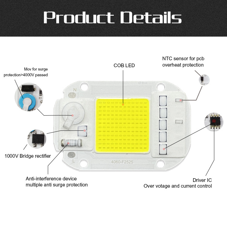 F6040 LED COB Chip 20W 30W 50W Outdoor led modules Smart IC Chip 220V COB LED Street Light Module 50W LED Chip