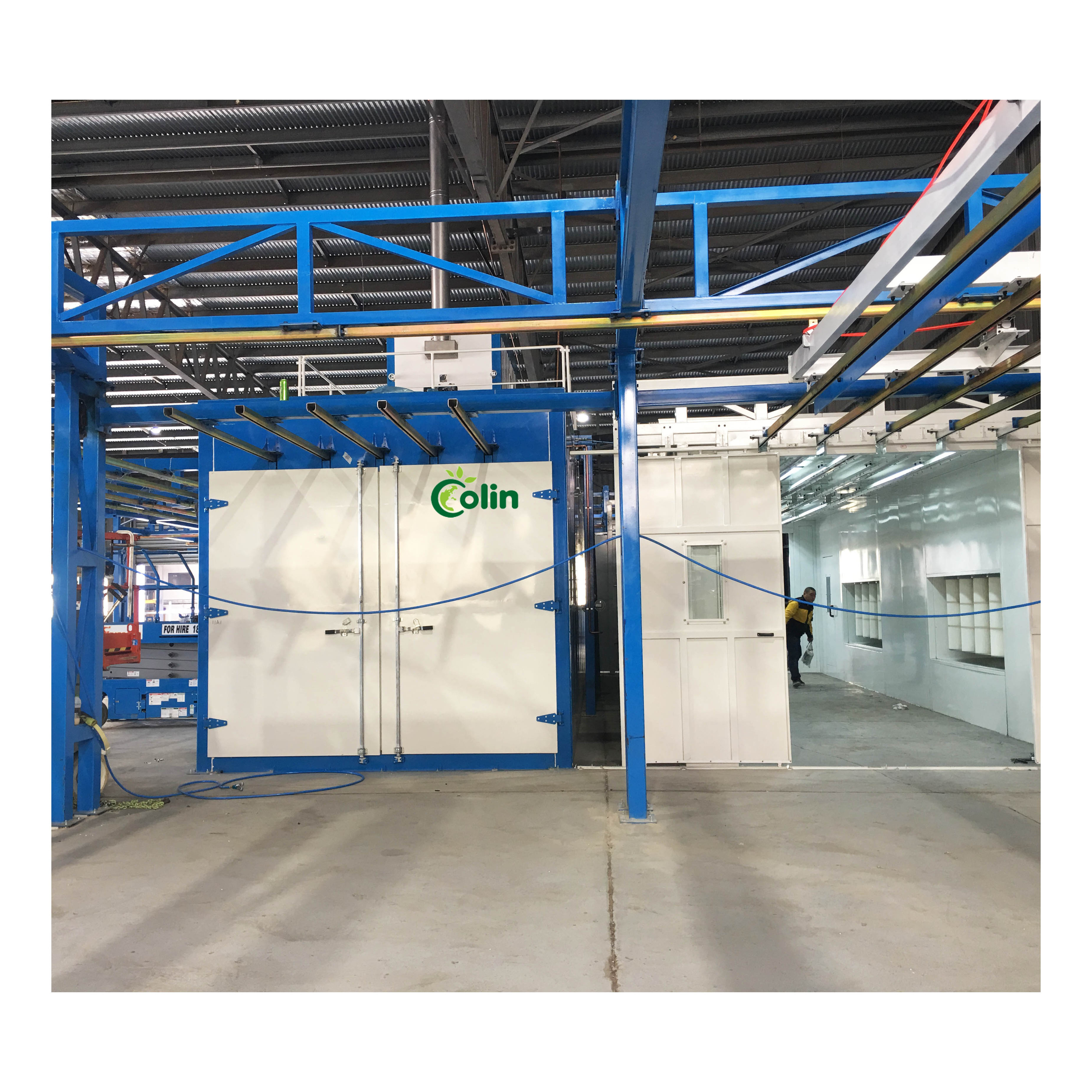 Electrostatic powder coating line with walk in spray booth and curing oven for aluminum