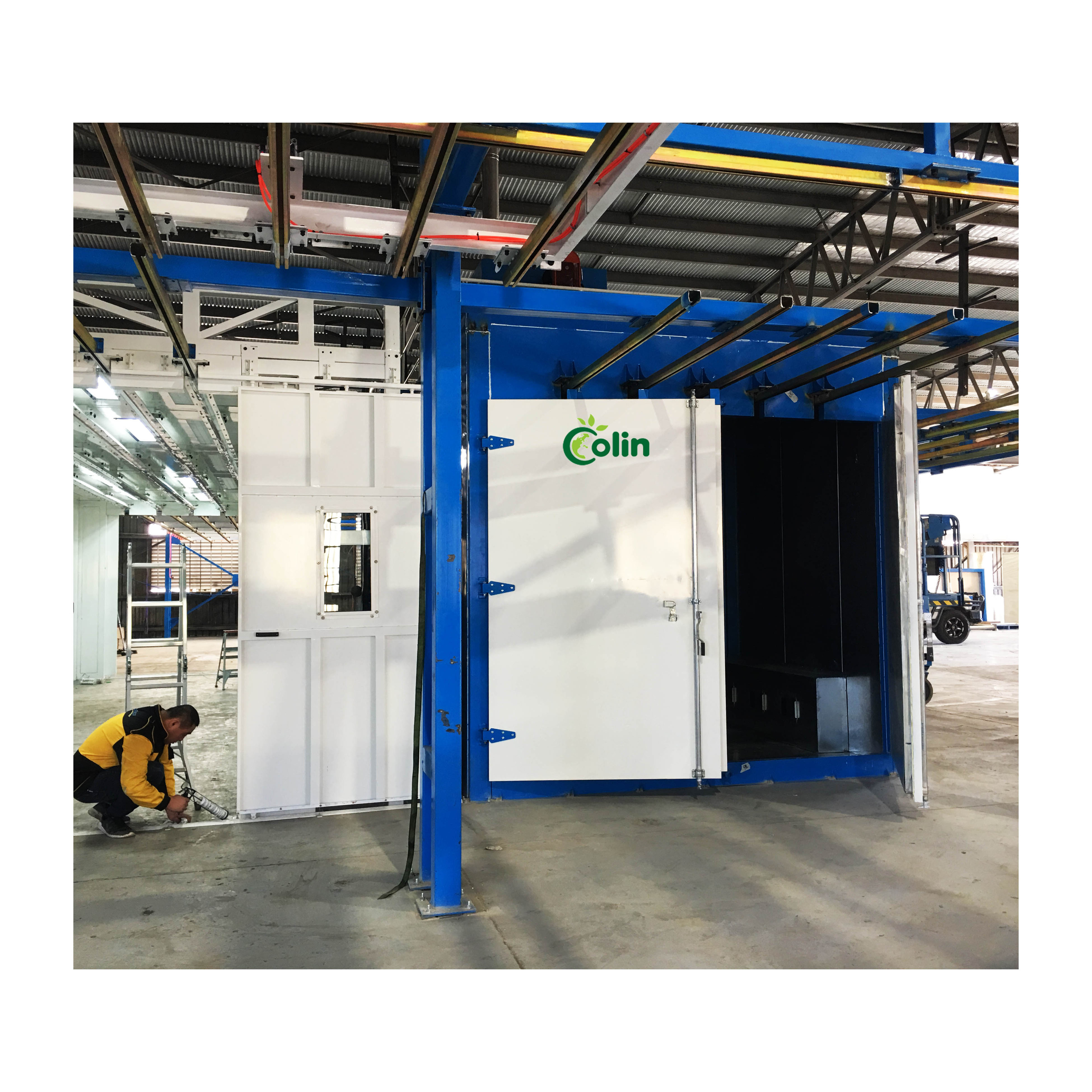 Electrostatic powder coating line with walk in spray booth and curing oven for aluminum