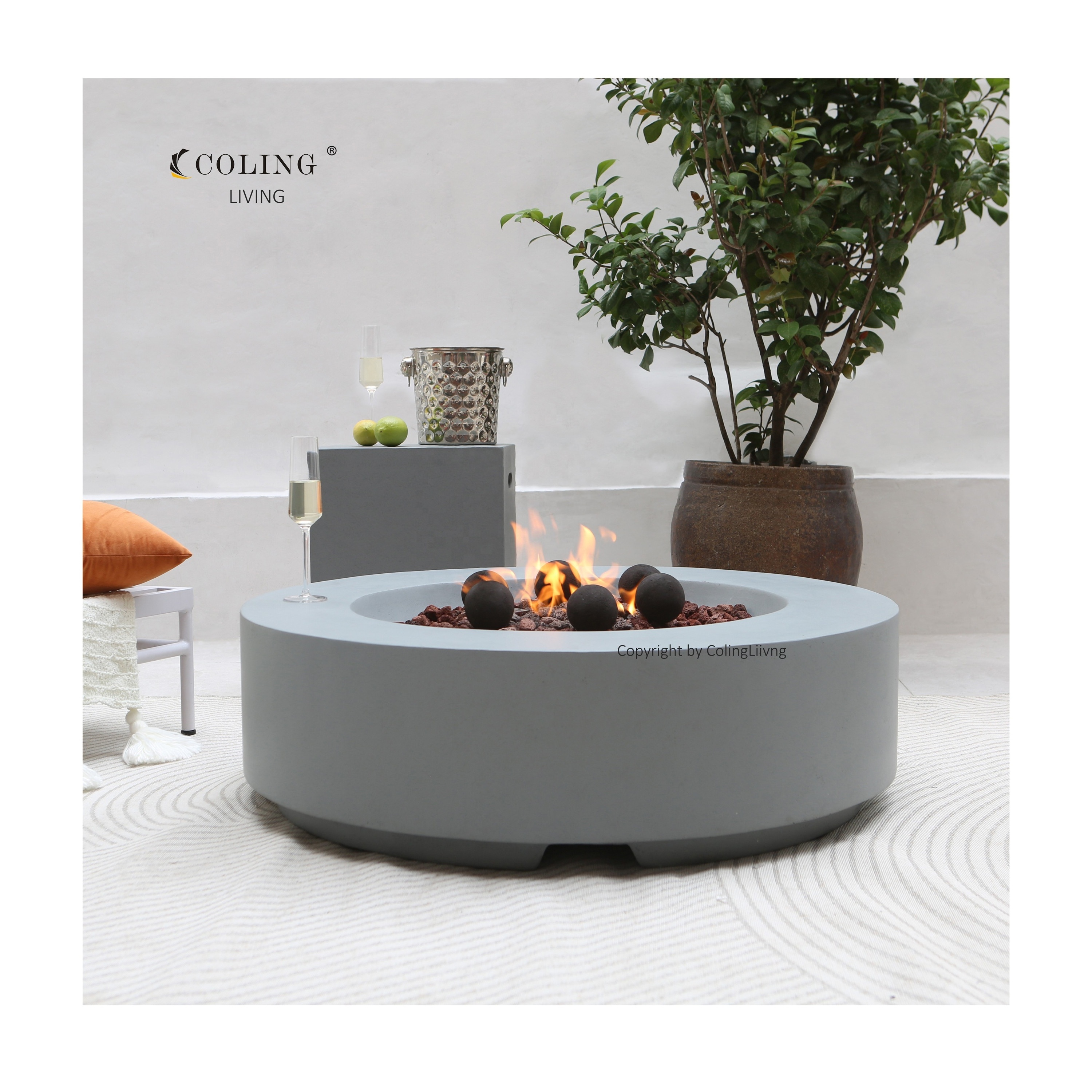 ColingLiving outdoor heating column GFRC concrete gas fire pit table patio furniture firepit