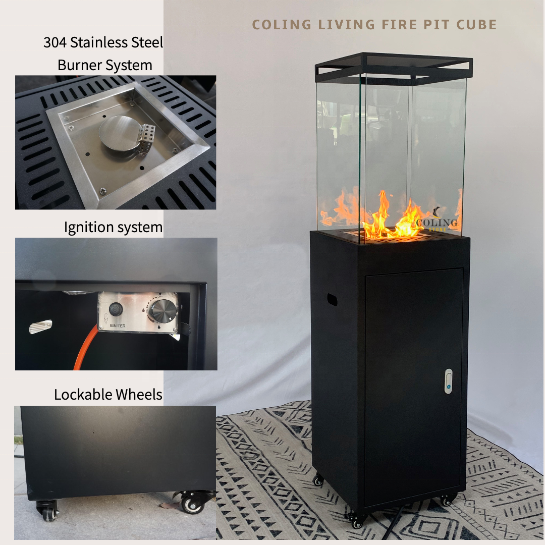 ColingLiving COLL001 16.5 inch LPG black steel firepit cube outdoor freestanding fireplaces