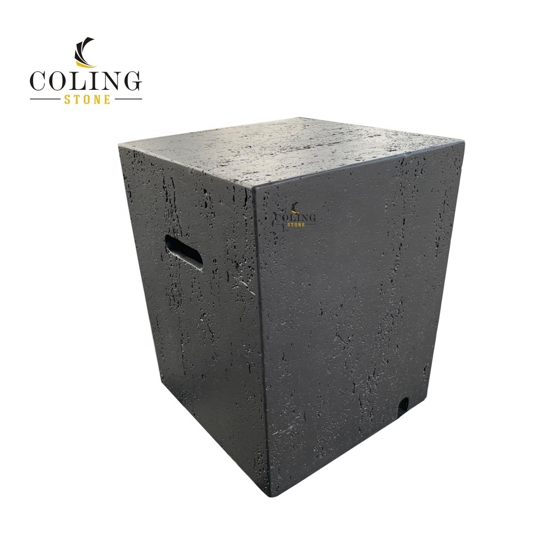 Custom logo Grey Travertine surface Square Fire Pit Gas Tank Cover Storage Box Hidden Gas Bottle Side Table