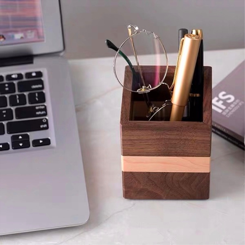 Custom High Quality Creative Walnut Wood Brush Pot Stationery Storage Pen Holder