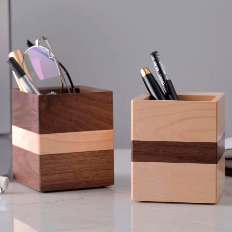 Custom High Quality Creative Walnut Wood Brush Pot Stationery Storage Pen Holder