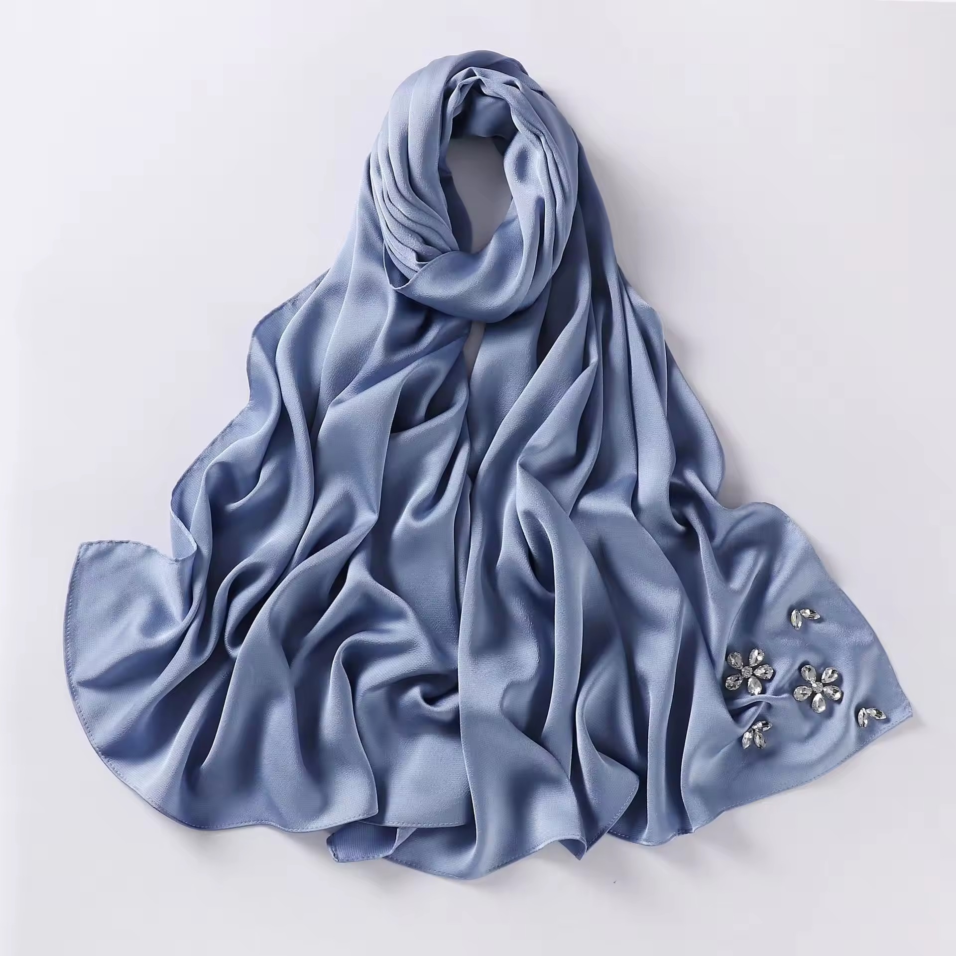 Hot Selling Women Fancy Muslim Headscarf Sexy Lady Crystal Stone Work Instant Bubble Satin Chiffon Hijab