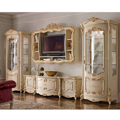 High quality European classical furniture living room luxury wood carved display cabinet storage cabinet and TV Stand
