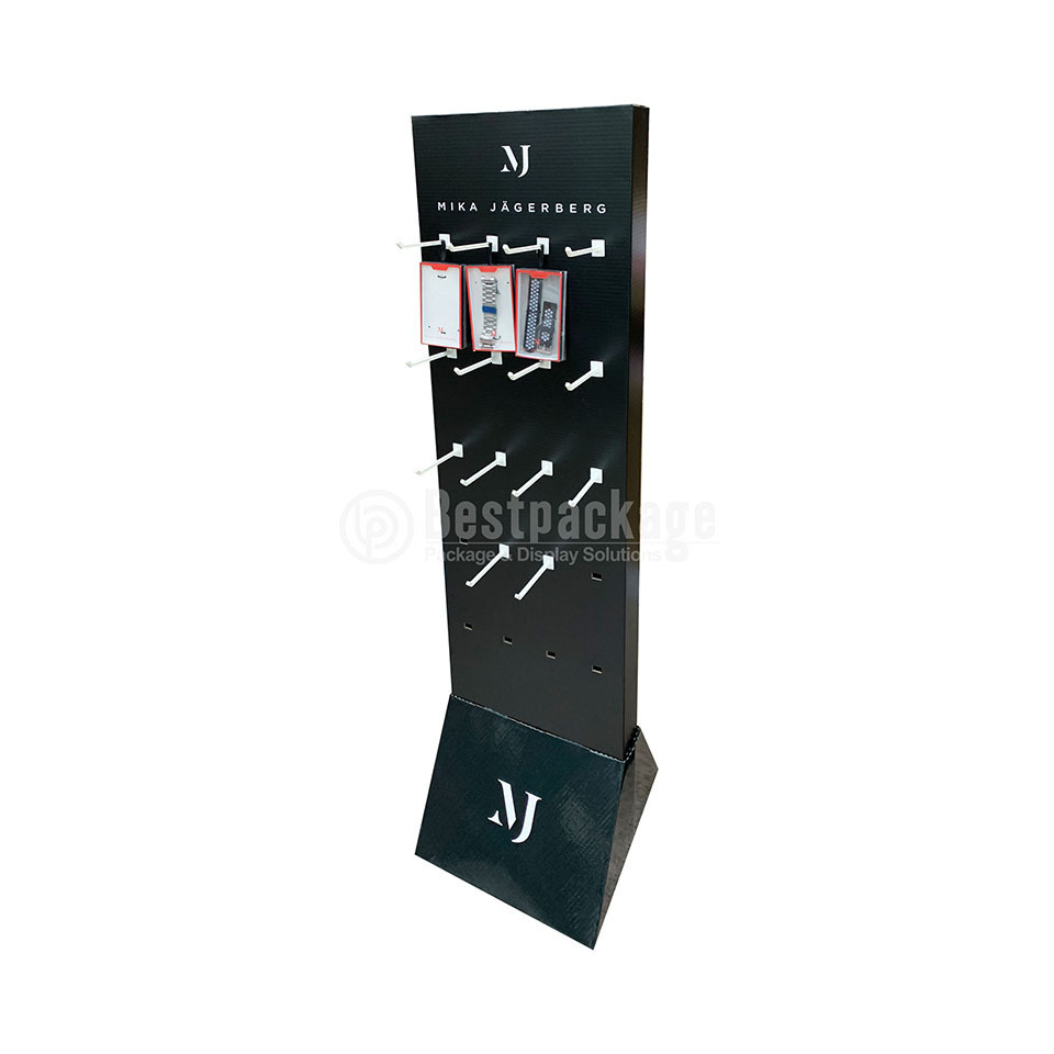 Double Sided Cardboard Peg Display Rack Corrugated Retail Floor  Stand With Hooks