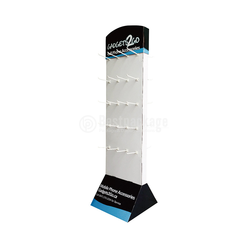 Double Sided Cardboard Peg Display Rack Corrugated Retail Floor  Stand With Hooks