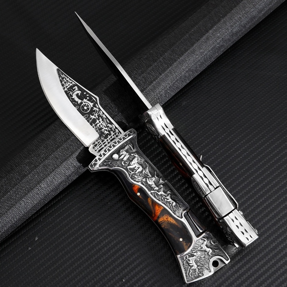 Leather Case and Gift Box Wood Resin Handle Classic Bolsters Camping Folding Hunting Knife Pocket Knife with Belt Clip