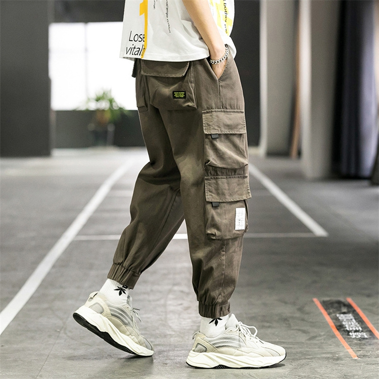 High street wear mens slim polyester workout pants casual multi pocket cargo trousers with zipper for man black loose sweatpants