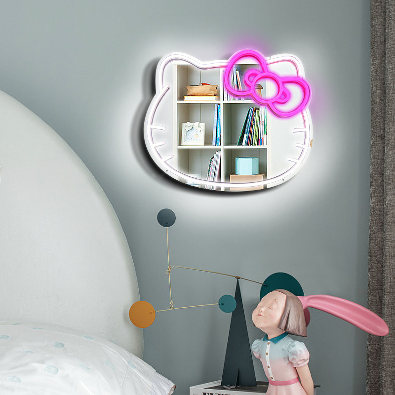 New Design Mirror With Led Light Girls' Room Decorative Custom Hello Kitty Mirror Neon Mirror