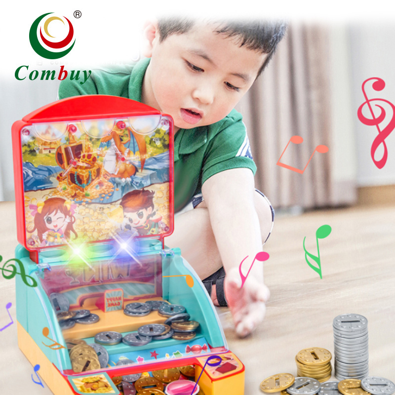 Cheap plastic machine toy mini coin pusher with light music