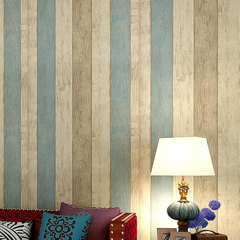 High quality Blue Mediterranean vertical stripe non-woven wallpaper, TV background wall, nostalgic wood grain wallpaper