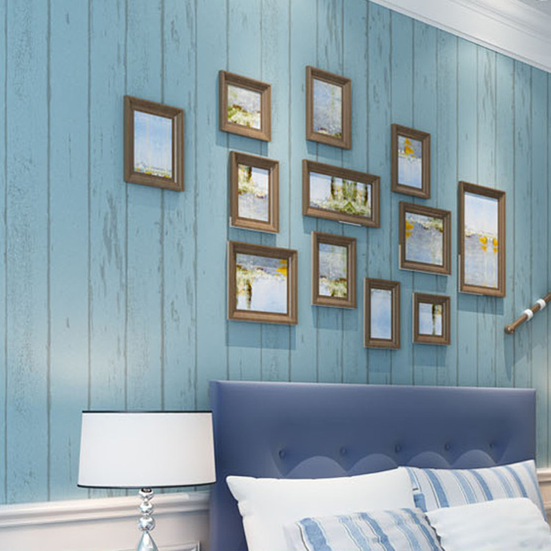 High quality Blue Mediterranean vertical stripe non-woven wallpaper, TV background wall, nostalgic wood grain wallpaper