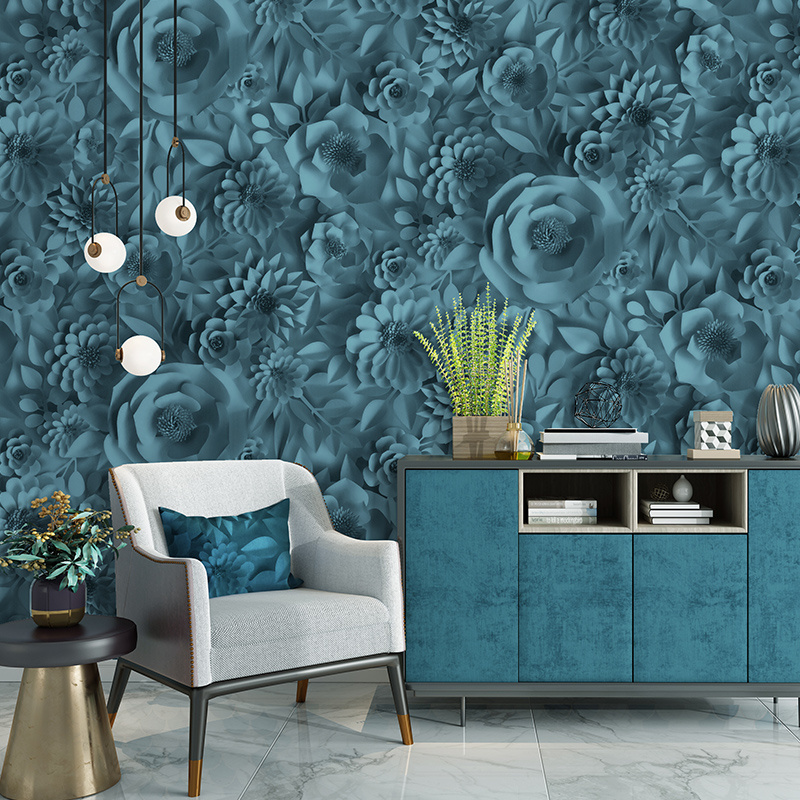 Modern Home Restaurant Interior Decoration Design Living Room Bedroom  Waterproof Vinyl Blue 3D Big Floral Contact Wallpaper