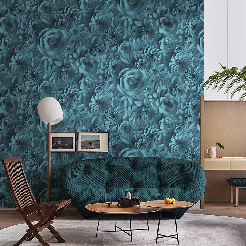 Modern Home Restaurant Interior Decoration Design Living Room Bedroom  Waterproof Vinyl Blue 3D Big Floral Contact Wallpaper