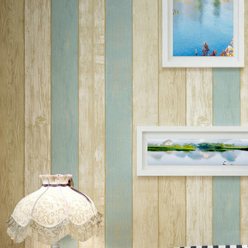 High quality Blue Mediterranean vertical stripe non-woven wallpaper, TV background wall, nostalgic wood grain wallpaper