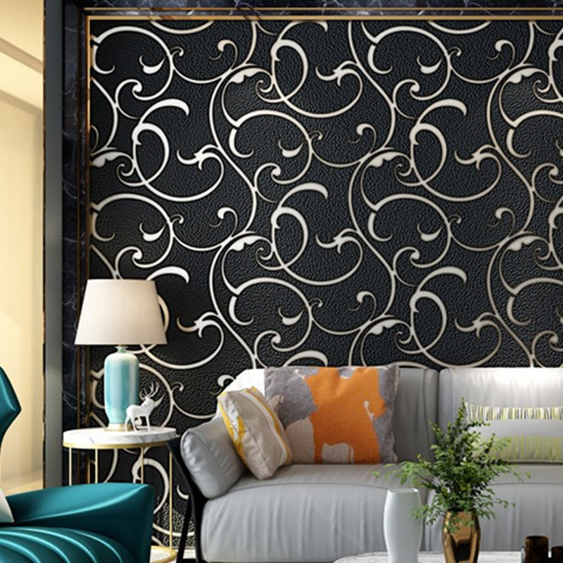 Black Vine Large Pattern TV Background Wall Wallpaper 3D Embossed Thick Deer Skin Velvet Wallpaper