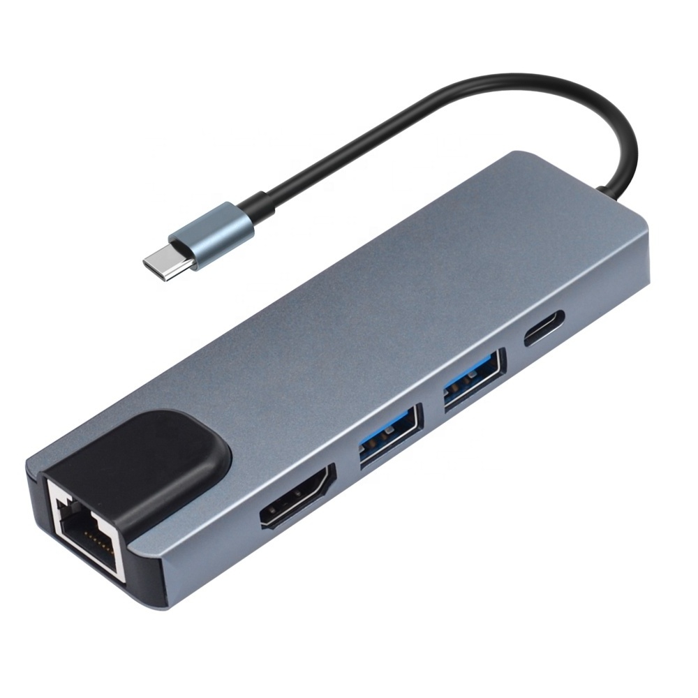 Aluminium 5 in 1 Type C Hub Type-c to RJ45 4K HD PD charge Electronic Devices Type C Hubs Multifunction Adapter USB 3.0 HUB