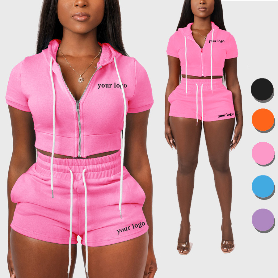 Crop Top Hoodie Short Set Sweat Women Zipper Biker Short Set 2 Piece Jogger Two Piece Set Women Clothing Custom Logo Xs Summer