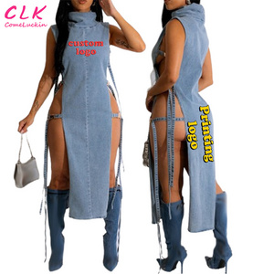 Casual Sexy Sleeveless One Piece Hollow Out Long Vest Jean Skirts Washed Denim Dress Custom Logo Women's Skirts Casual Dresses