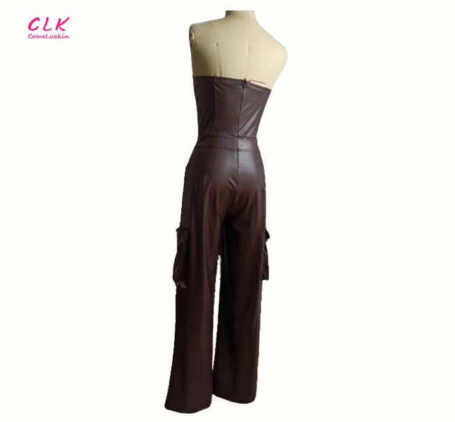 Custom Logo Women Black Faux Leather Jumpsuit Women Off Shoulder Long Jumpsuits Summer Cargo Jumpsuit