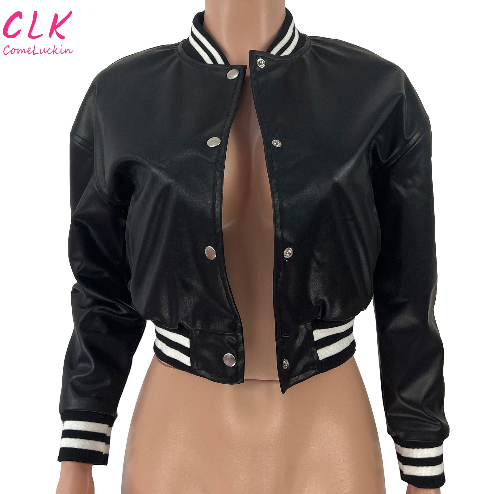 2024 Women Short Sleeve Bomber Jacket Custom Logo Zipper Leather Cropped Coat Patchwork Leather Jacket