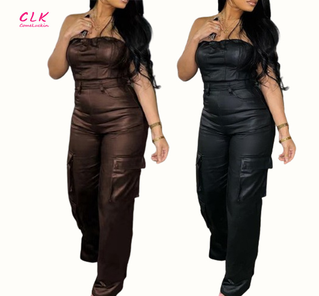 Custom Logo Women Black Faux Leather Jumpsuit Women Off Shoulder Long Jumpsuits Summer Cargo Jumpsuit