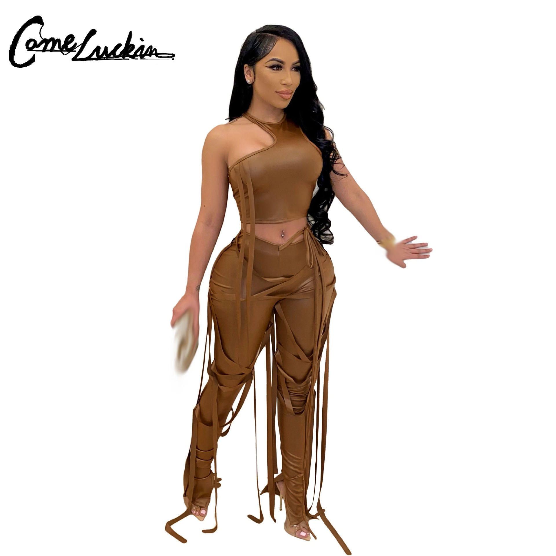 New Arrivals Autumn Faux Leather Belt 2 Piece Sets Women Summer Outfit 2024 Sleeveless Crop Top And Skinny Long Pants Sets