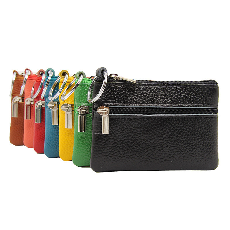 Genuine Leather mini chain wallet bus card holder keychain coin purse