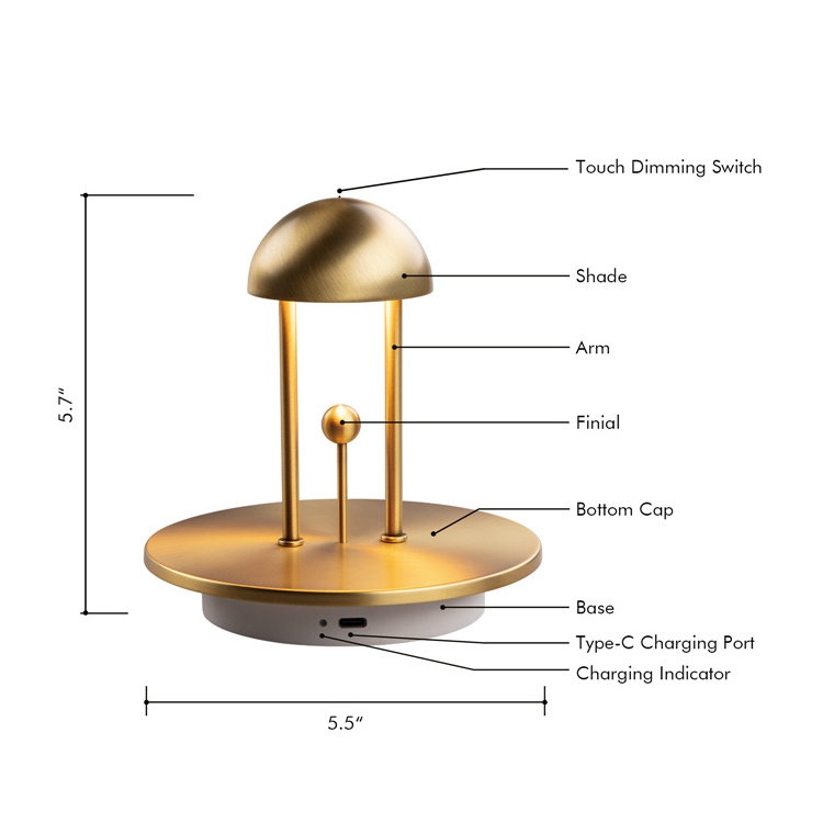 Nordic Modern Cordless Brass Night Light 2000mAh Rechargeable Battery Table Light Touch Dimmable Decorative LED Mushroom Lamp