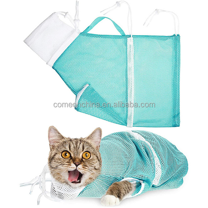 OEM bolsa de bano para gatos Mesh Cat Grooming Bath Bag Adjustable Restraint Cleaning Cat Shower Washing Bathing Net Bag Grey