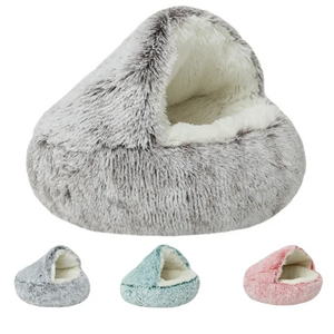 Washable Calming Pet Bed anti anxiety Semi-closed cat long plush grey white pet cushion Round Dog Cat Cave Bed with Hooded Cover