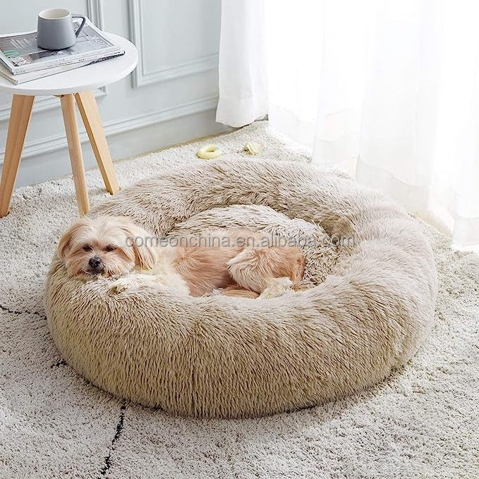 Wholesale Faux Fur Calming Dog Bed for Small Medium Large Pets Self Warming Cat Bed Winter Donut Cuddler Round Warm Pet Bed