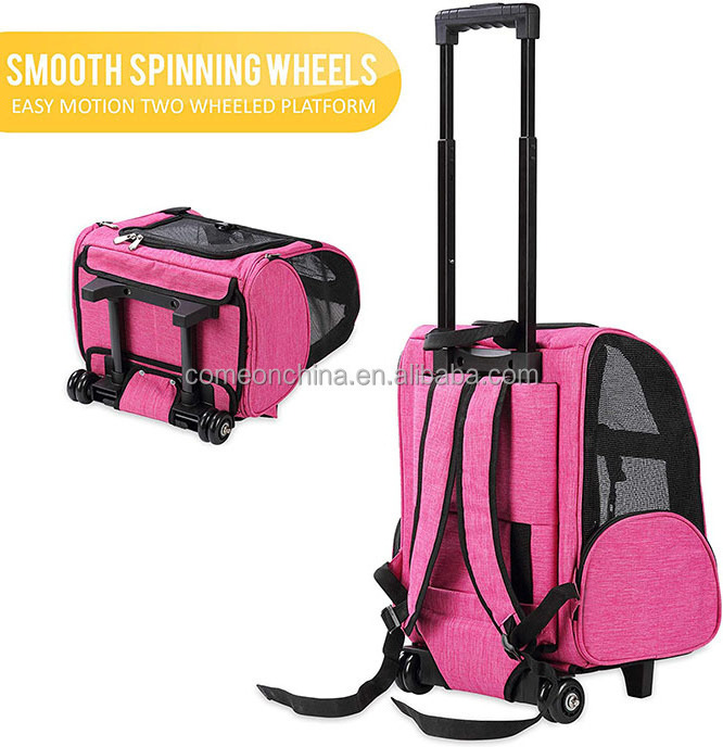 Airline Approved Pet Cat Dog Backpack Carrier with Wheels Rolling Cat Stroller Transport Carrier Backpack Mesh Bag with Wheels