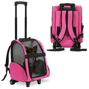 Airline Approved Pet Cat Dog Backpack Carrier with Wheels Rolling Cat Stroller Transport Carrier Backpack Mesh Bag with Wheels