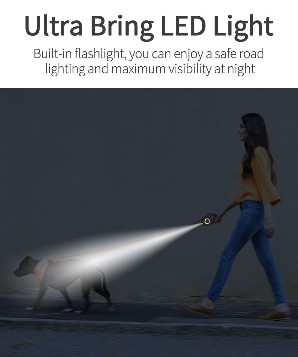 Automatic led rechargeable dog leash training walking nylon rope led light pet leashes retractable dog leash with led light