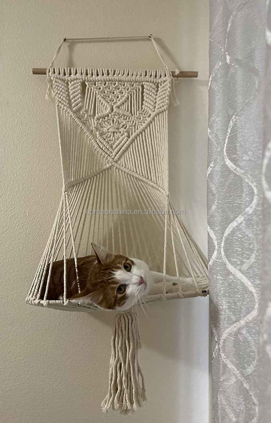 OEM Hanging Cat Bed Macrame Hammock Window Macrame Hammock for Cat Hanging Bed Tassel Basket with Mat Pet Cat Hammock Swing Bed