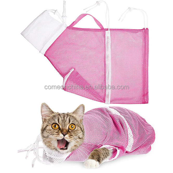 OEM bolsa de bano para gatos Mesh Cat Grooming Bath Bag Adjustable Restraint Cleaning Cat Shower Washing Bathing Net Bag Grey