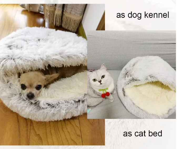 Washable Calming Pet Bed anti anxiety Semi-closed cat long plush grey white pet cushion Round Dog Cat Cave Bed with Hooded Cover