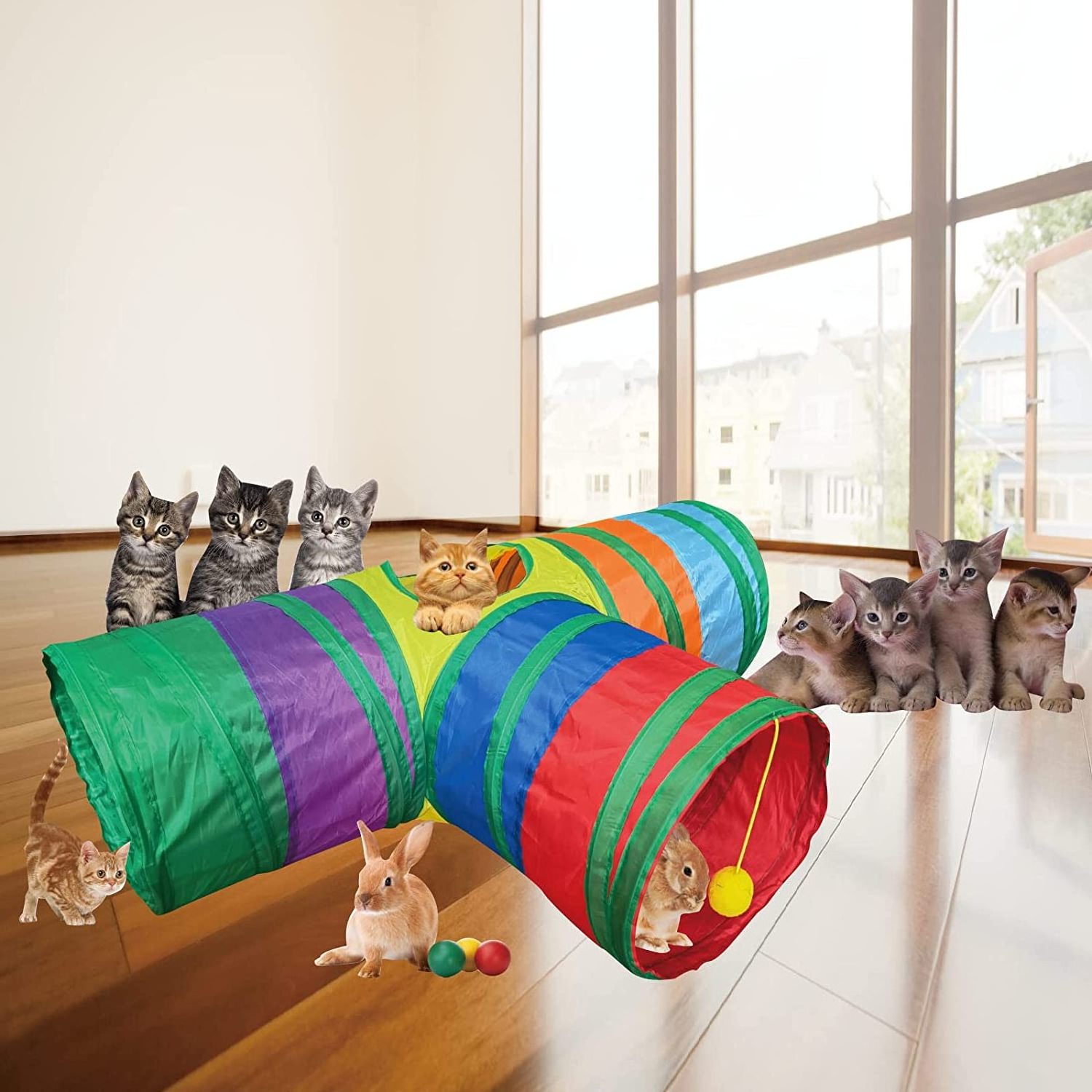 Foldable 3 Way Pet Cat Tunnel Tube Toy Indoor Play House Tent for Small Medium Large Collapsible Cats Tunnel Toy Cat Tunnel