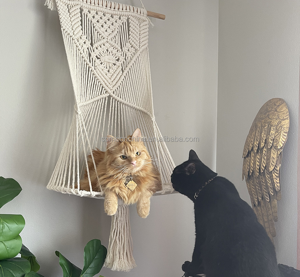 OEM Hanging Cat Bed Macrame Hammock Window Macrame Hammock for Cat Hanging Bed Tassel Basket with Mat Pet Cat Hammock Swing Bed