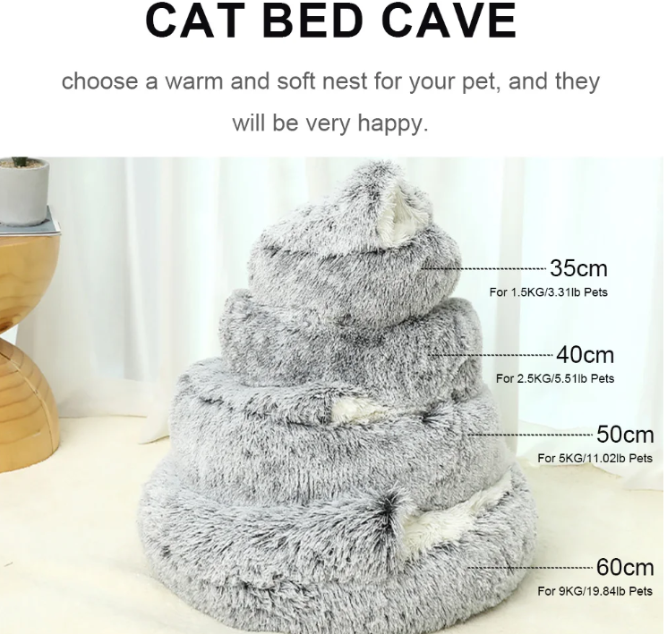 Washable Calming Pet Bed anti anxiety Semi-closed cat long plush grey white pet cushion Round Dog Cat Cave Bed with Hooded Cover