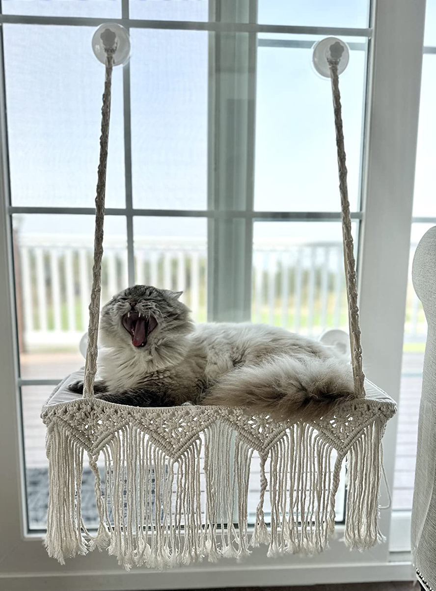 Macrame Hammock for Cat Shelves and Perches for Wall Cat Window Perch Macrame Cat Hammock Boho Wall Mounted Pet Resting Seat Bed