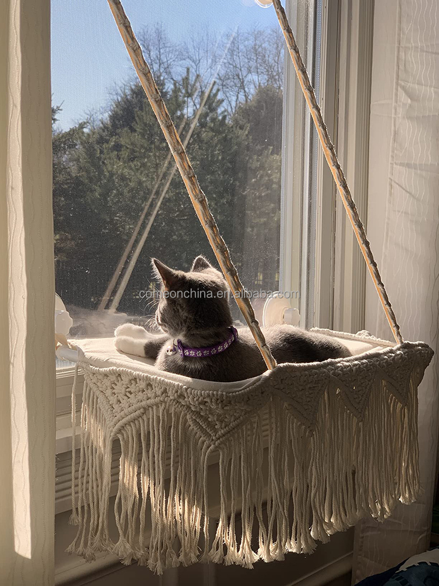 Macrame Hammock for Cat Shelves and Perches for Wall Cat Window Perch Macrame Cat Hammock Boho Wall Mounted Pet Resting Seat Bed