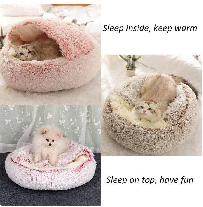 Washable Calming Pet Bed anti anxiety Semi-closed cat long plush grey white pet cushion Round Dog Cat Cave Bed with Hooded Cover