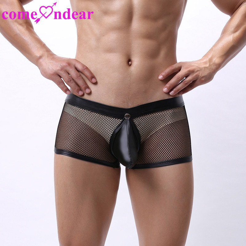 Dropshipping New Trend Erotic Design Transparent Mesh Men's Underwear Crotch Openable Leather Boxer Briefs for Men