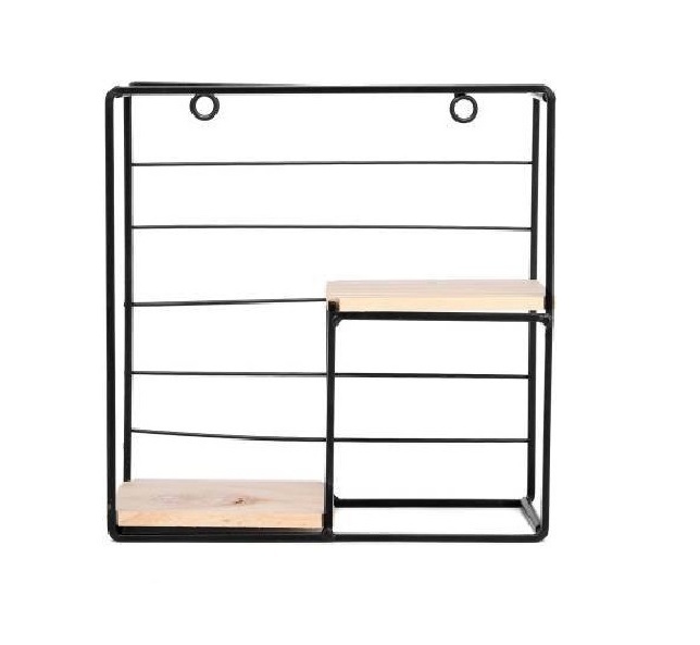 SQUARE DESIGN IRON WIRE  & WOODEN COMBINATION BLACK  POWDER COATED WALL RACK FOR STORAGE & DISPLAY FOR BEDROOM KITCHEN WALL MOUN