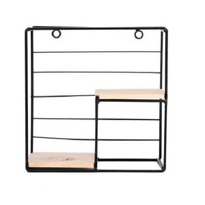 SQUARE DESIGN IRON WIRE  & WOODEN COMBINATION BLACK  POWDER COATED WALL RACK FOR STORAGE & DISPLAY FOR BEDROOM KITCHEN WALL MOUN