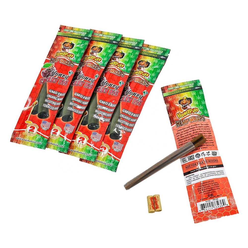 Honeypuff Cherry Flavored Hemp Wraps Hemp Wrapping With Rolling Tips Resealable Zip Pack